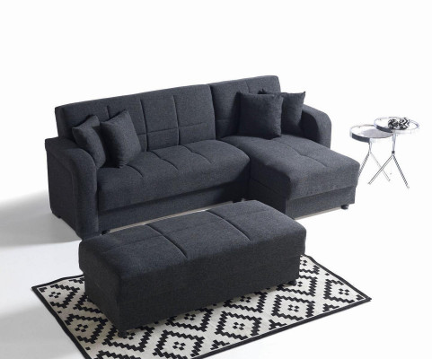 Divano ad angolo a L con pouf nero, set completo per soggiorno di lusso 2 pezzi. Mobili di lusso.