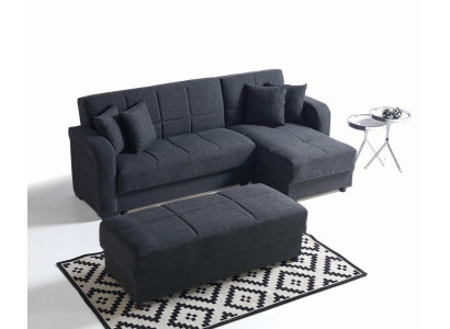 Divano ad angolo a L con pouf nero, set completo per soggiorno di lusso 2 pezzi. Mobili di lusso.