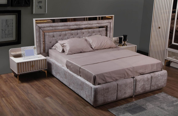 Moderno set completo camera da letto con letto di design, 2 comodini 5 pezzi