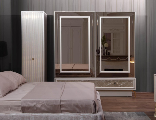 Moderno set completo camera da letto con letto di design, 2 comodini 5 pezzi