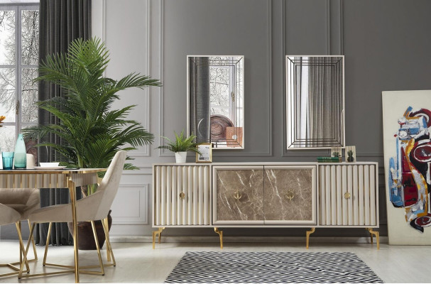 Tavolo da pranzo di lusso per 4 persone con sedie e credenza moderna.