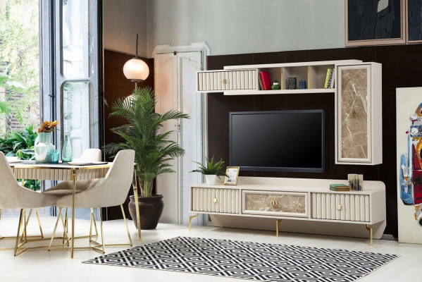 Designer parete attrezzata moderna in legno di lusso con scaffali, eleganti mobili da soggiorno.