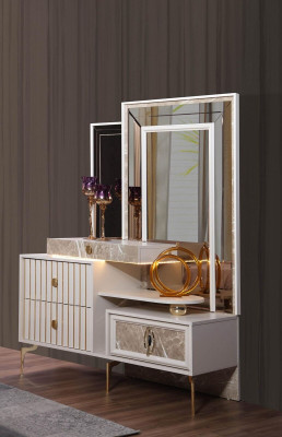 Tavolo da trucco bianco da camera da letto designer in legno con specchio nuovo.
