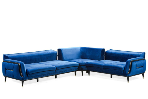 Divano ad angolo in tessuto blu a L, design poltrona imbottita, mobili da seduta abitativi.