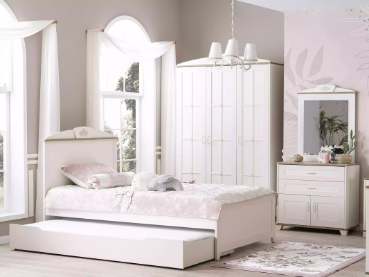 Letto singolo multifunzionale in legno con letto estraibile per bambini, letto 120 in legno bianco nuovo.