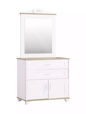 Set di comò con specchio, armadio in legno bianco, design di comodini