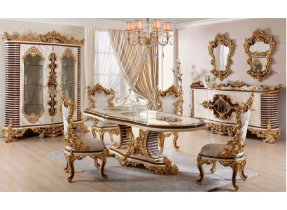 Set da pranzo classico dorato con tavolo da pranzo, 6 sedie, comò e specchio.