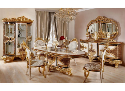 Lussuoso set da pranzo bianco-oro, tavolo da pranzo 4 sedie, credenza 6 pezzi mobili.