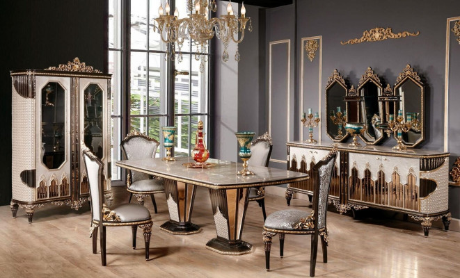 Classico ed elegante set da pranzo di alta qualità con tavolo da pranzo e credenza.