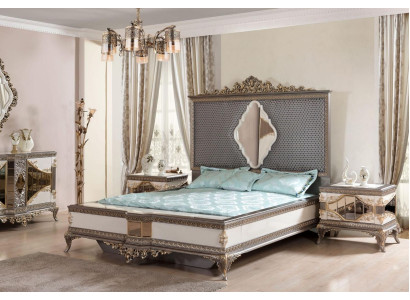 Camera da letto grigia classica set di lusso con letto matrimoniale e 2 comodini.