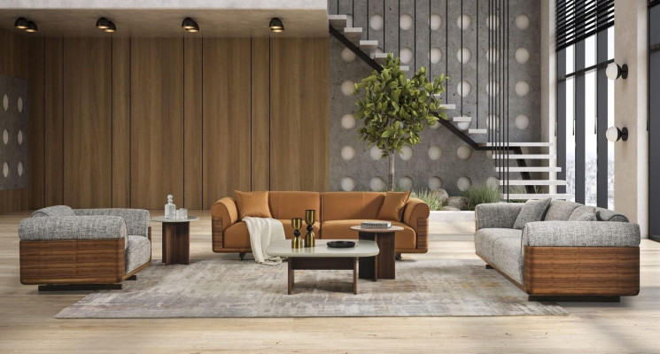 Sofà completo in tessuto marrone - Set di divani completo in tessuto