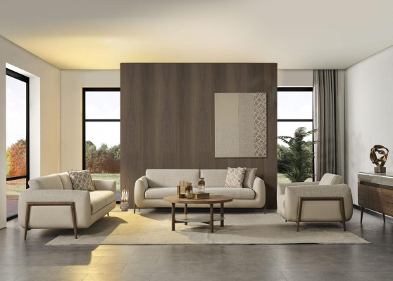 Divano di lusso in tessuto beige completo di tre posti e poltrona a 3 pezzi.