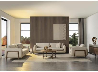 Divano di lusso in tessuto beige completo di tre posti e poltrona a 3 pezzi.