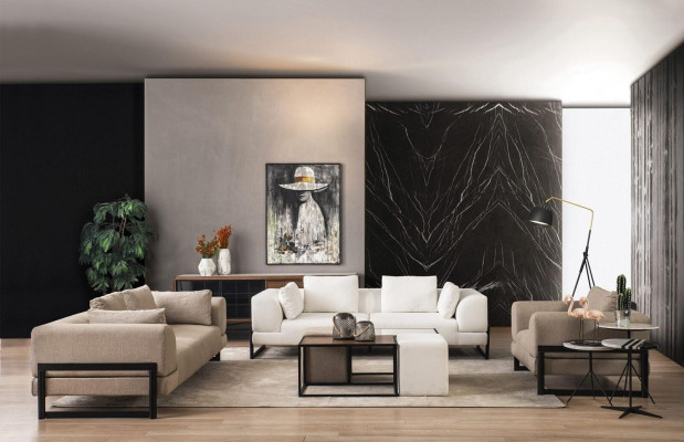 Set di divani completi Divano imbottito completo in tessuto grigio.