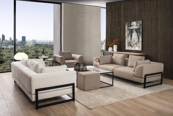 Set di divani completi Divano imbottito completo in tessuto grigio.