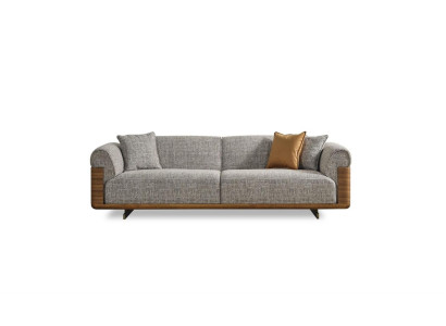 Divano in tessuto grigio moderno completo di poltrone a tre posti e due pezzi.