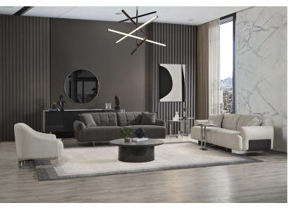 Divano imbottito completo in tessuto grigio, Set di divani