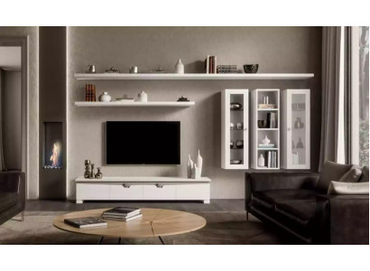 Soggiorno Mobile TV Parete attrezzata Legno Armadio Design Bianco Moderno Set 6 pezzi.