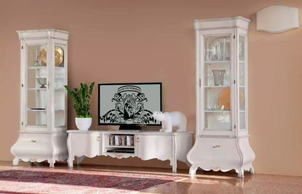Soggiorno di lusso bianco mobili del soggiorno Parete 2 vetrine Supporto TV Classico