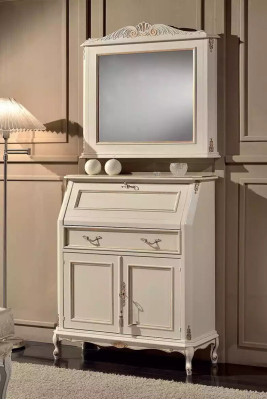 Mobile da camera bianco con specchio, set di mobili in stile classico, 2 pezzi, credenza, comò.