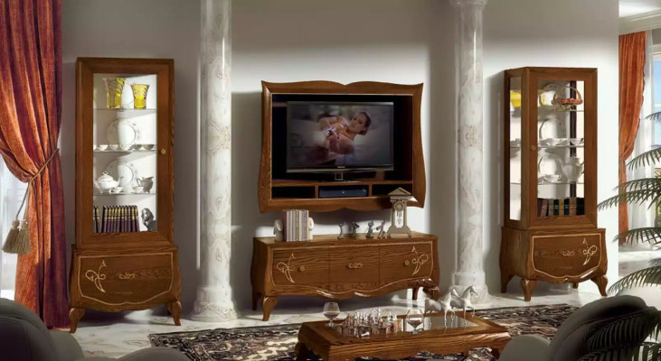 Mobile porta TV con cornice TV e 2 vetrine marroni, set soggiorno 4 pezzi