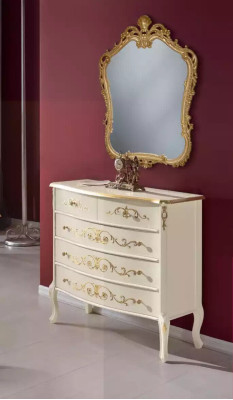 Soggiorno classico bianco in legno, cassettiera console con cassetti, design moderno.