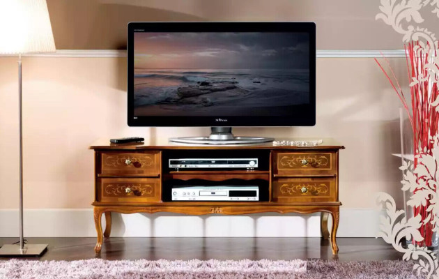 Classico marrone RTV mobile da soggiorno di lusso, mobile TV basso con cassetti in legno.