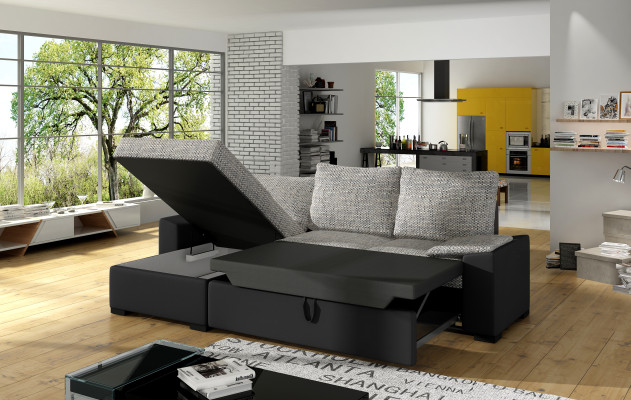 Divano angolare design con funzione letto in pelle o tessuto.