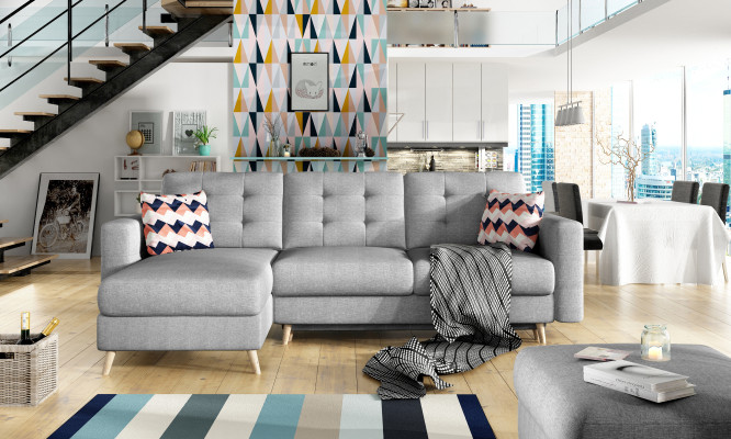 Divano angolare design con funzione letto e rivestimento in tessuto o pelle, divani imbottiti nuovi.