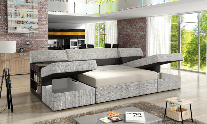 Divano angolare design Markos a forma di U con funzione letto, rivestito in pelle e tessuto.