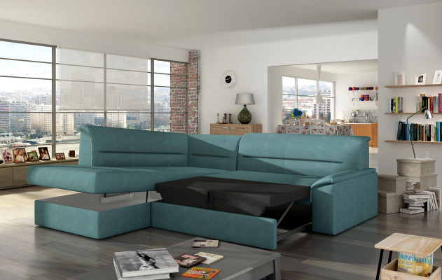 Divano angolare design Elano a L con funzione letto in pelle e tessuto sofà.
