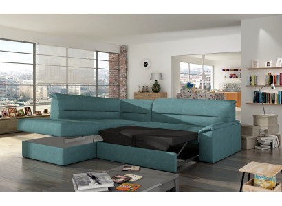 Divano angolare design Elano a L con funzione letto in pelle e tessuto sofà.