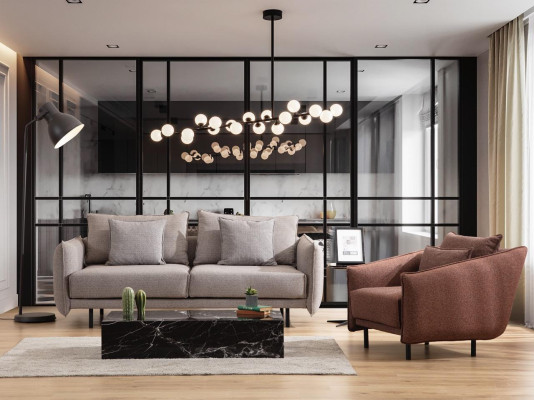 Divano, 3 posti + 1 poltrona, tavolo con gambe intagliate, set di 2 pezzi, nuovo.