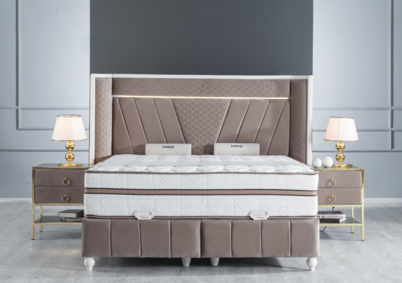 Set da camera da letto di lusso Beige Letto 2x Comodino Mobili Letto a 3 pezzi con letto Led.