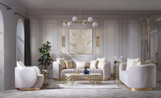 Divano di lusso, set di divani ovali imbottiti in velluto tessuto 3+2+1 pezzi.