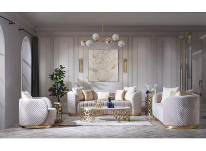 Divano di lusso, set di divani ovali imbottiti in velluto tessuto 3+2+1 pezzi.