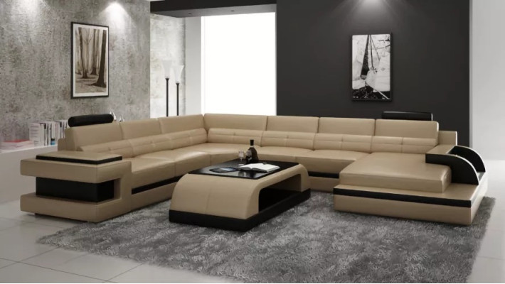 Design del moderno soggiorno angolare, divano angolare in pelle imbottita, divano.