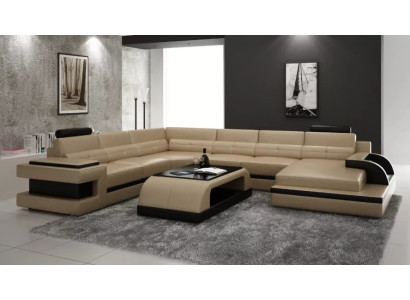 Design del moderno soggiorno angolare, divano angolare in pelle imbottita, divano.