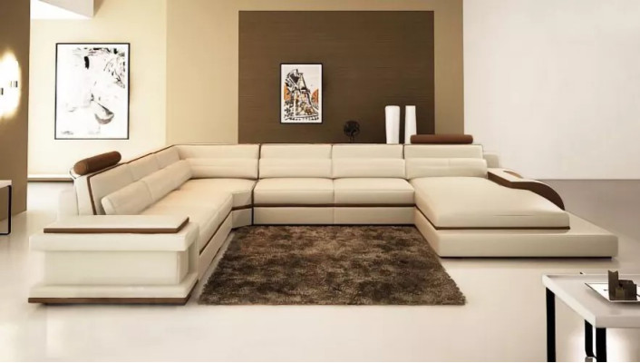 Design del moderno soggiorno angolare, divano angolare in pelle imbottita, divano.