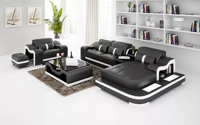 Divano moderno ad angolo a causa en forma di L, poltrona da decorazione, tavolino, pouf, divano ad angolo imbottito