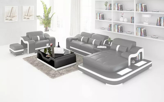 Divano moderno ad angolo a causa en forma di L, poltrona da decorazione, tavolino, pouf, divano ad angolo imbottito