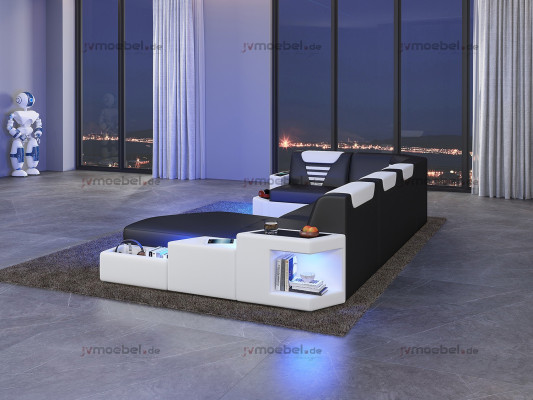 Divano a forma di angolo in pelle con luci, divano ad angolo imbottito a U.