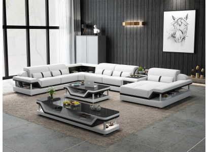 Divano ad angolo beige con tavolino, set soggiorno divano in pelle angolare 2 pezzi.