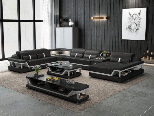 Divano ad angolo beige con tavolino, set soggiorno divano in pelle angolare 2 pezzi.