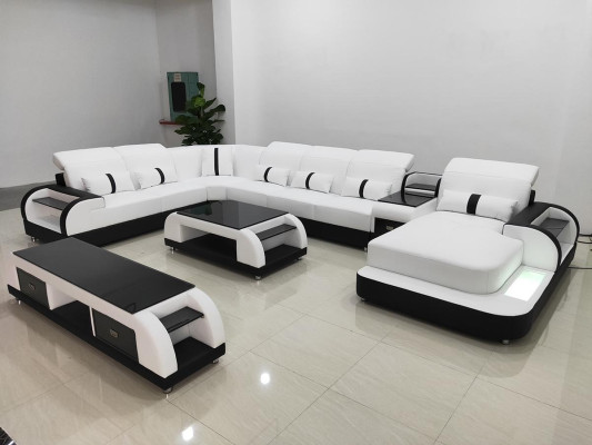 Soggiorno Divano Imbottito Divano Set 3 pezzi Tavolino da caffè Credenza in pelle