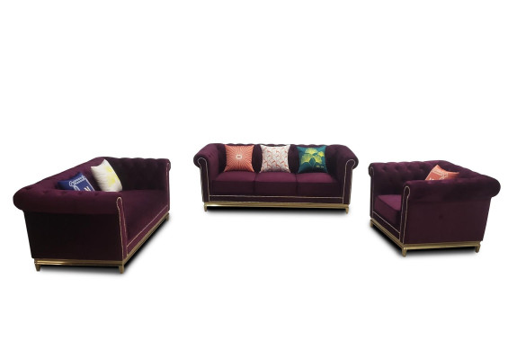 Sofa composto da 3+2+1 posti in tessuto e pelle moderno design Chesterfield.