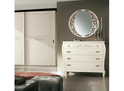 Sideboard con cassettiera e specchio, in legno bianco, due pezzi, stile italiano.