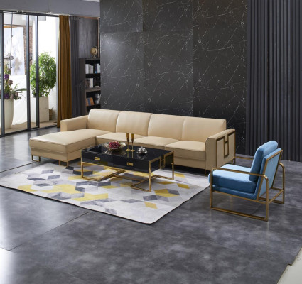 Divano moderno ad angolo a forma di L, poltrona, tavolino, pouf, divano ad angolo imbottito.