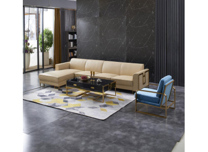Divano moderno ad angolo a forma di L, poltrona, tavolino, pouf, divano ad angolo imbottito.