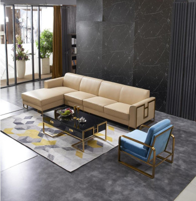 Divano moderno ad angolo a forma di L, poltrona, tavolino, pouf, divano ad angolo imbottito.